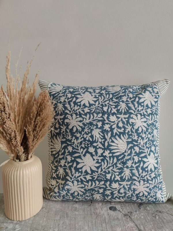 Blue Meadow Hand Block Print Pillow Cover