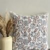 Floral hand block printed cotton slub cushion cover with beige, brown and charcoal botanical design, square 18x18 pillow cover