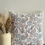 Floral hand block printed cotton slub cushion cover with beige, brown and charcoal botanical design, square 18x18 pillow cover