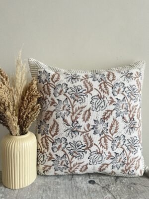 Floral hand block printed cotton slub cushion cover with beige, brown and charcoal botanical design, square 18x18 pillow cover