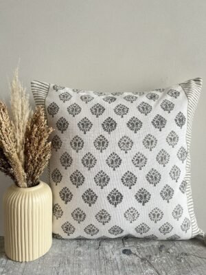 Hand block printed cotton slub cushion cover with grey tree motif pattern and striped border in neutral tones, 18x18 inches
