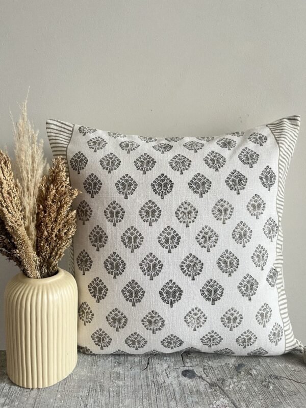 Hand block printed cotton slub cushion cover with grey tree motif pattern and striped border in neutral tones, 18x18 inches