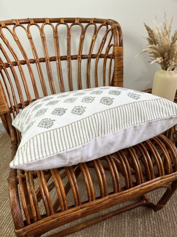 Hand block printed cotton slub cushion cover with grey tree motif pattern and striped border in neutral tones, 18x18 inches