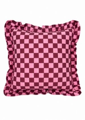 Pink Checkered Ruffle Cushion Cover