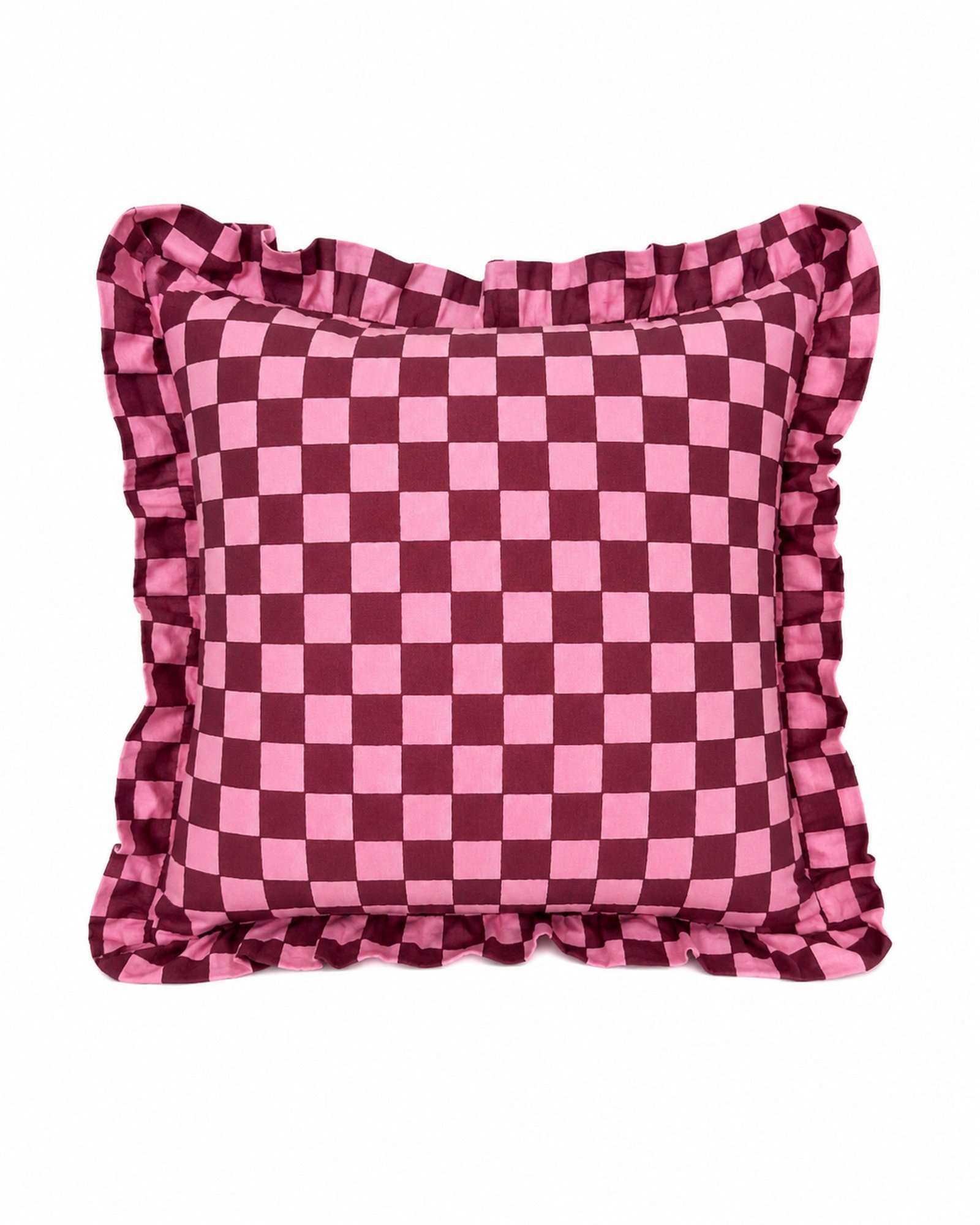 Pink Checkered Ruffle Cushion Cover