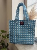 Blue check hand block printed quilted mini tote bag