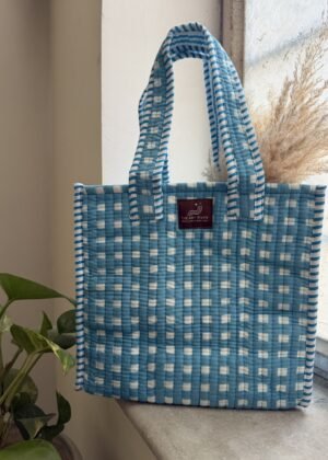 Blue check hand block printed quilted mini tote bag