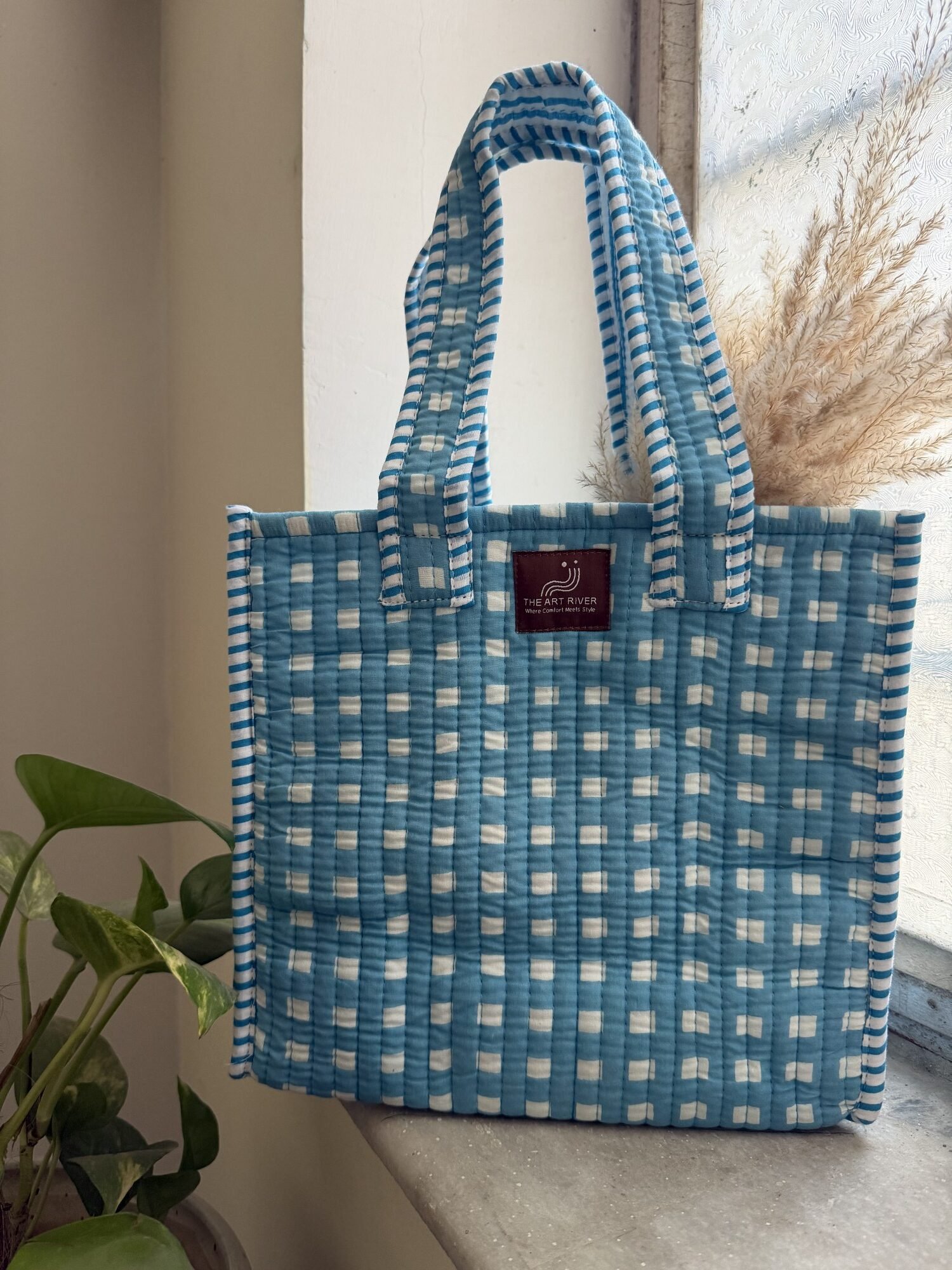 Blue check hand block printed quilted mini tote bag