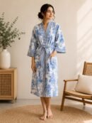 Blue Toile Cotton Kimono Robe
