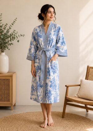 Blue Toile Cotton Kimono Robe