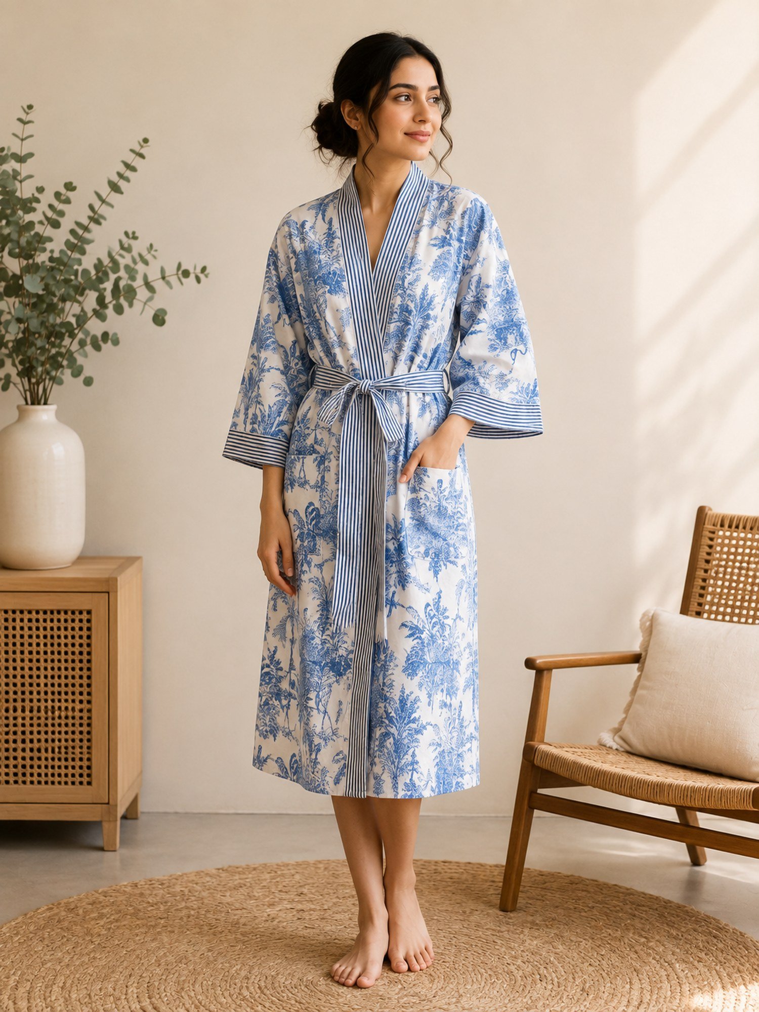 Blue Toile Cotton Kimono Robe